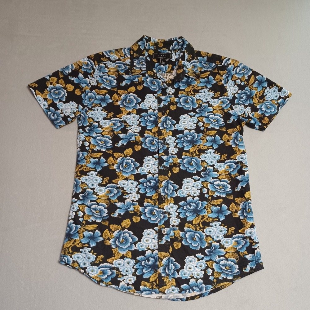 21 Men Floral Button Down Shirt Mens Small Black Blue Gold Short Sleeve Tropical